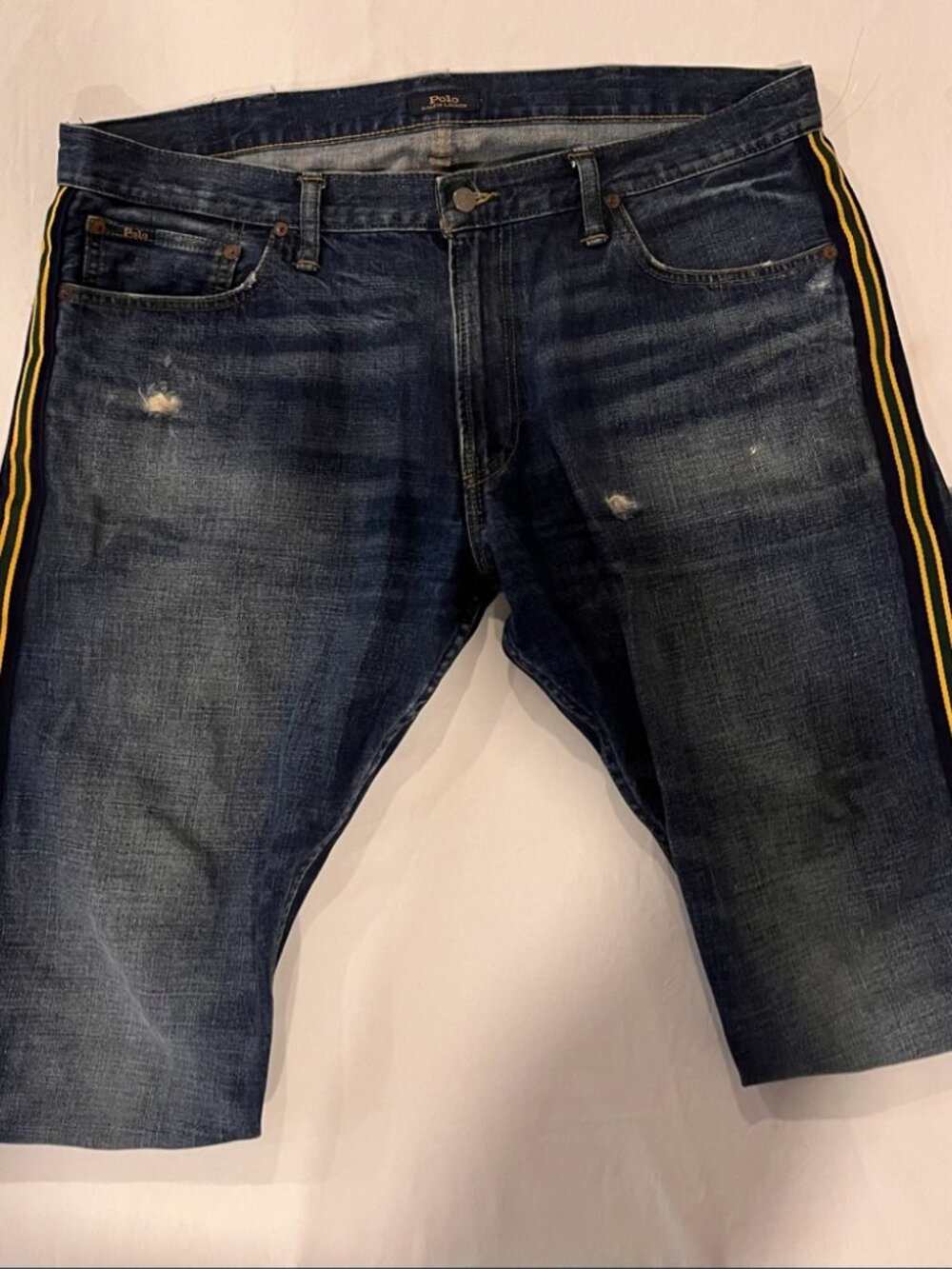 Polo Ralph Lauren Varick Slim Straight Track Stripe Jeans 38x30 Distressed Blue